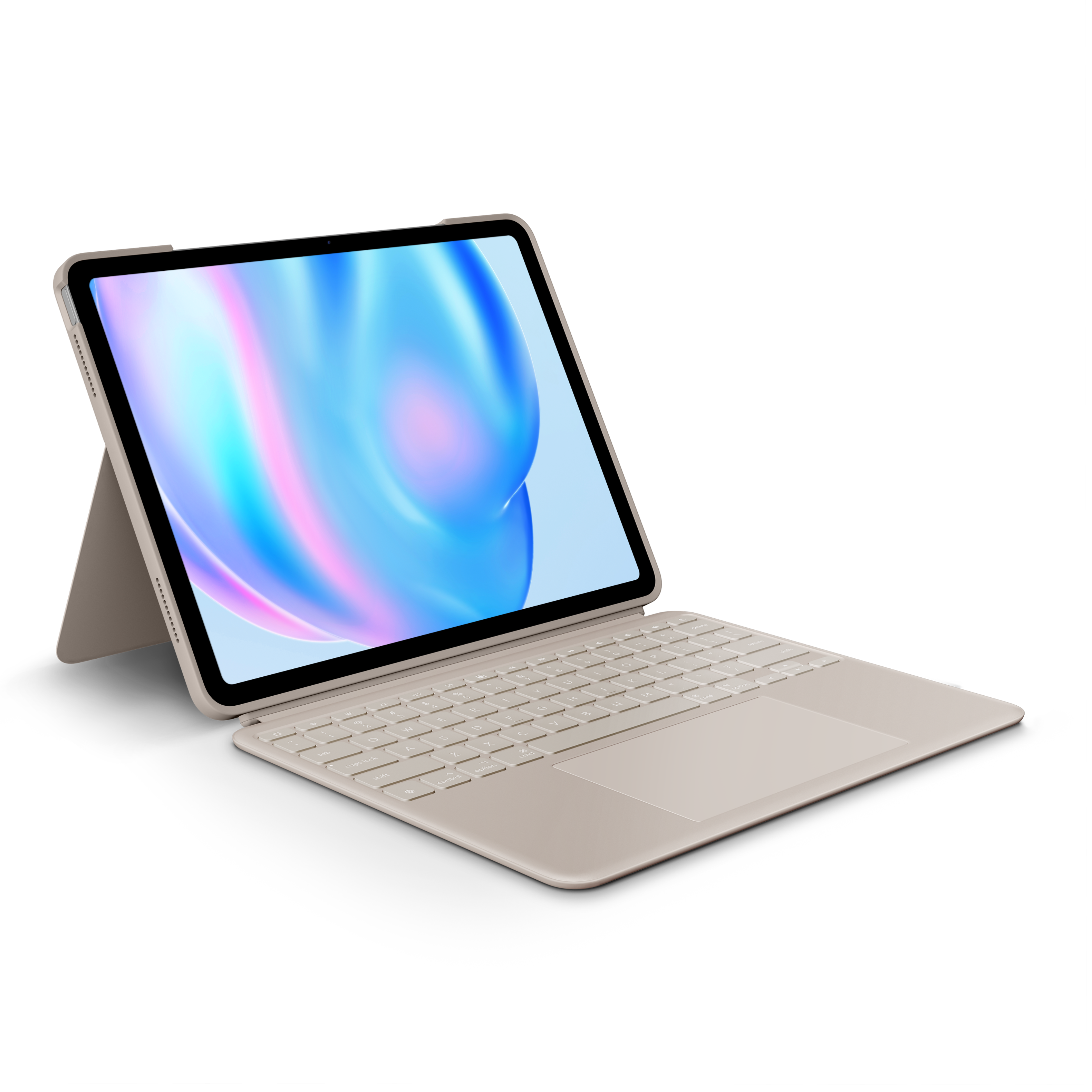 Logitech Combo Touch keyboard case attached to an iPad with kickstand extended