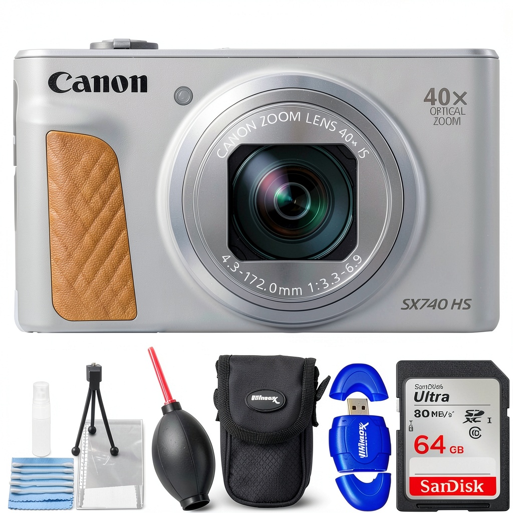 Canon PowerShot SX740 HS Digital Camera in silver with accessories displayed