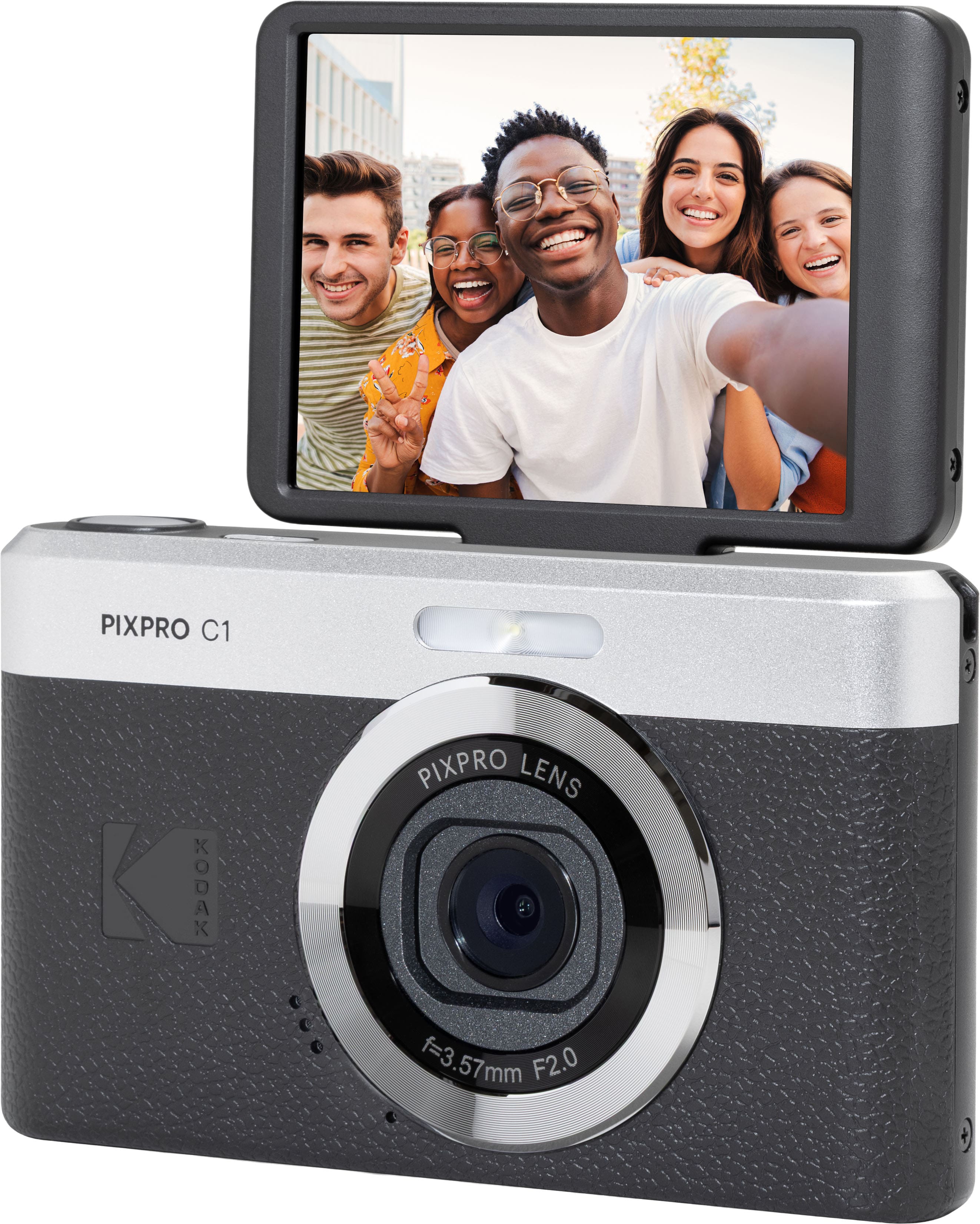 Kodak PIXPRO C1 digital camera displaying its compact design and flip-up screen