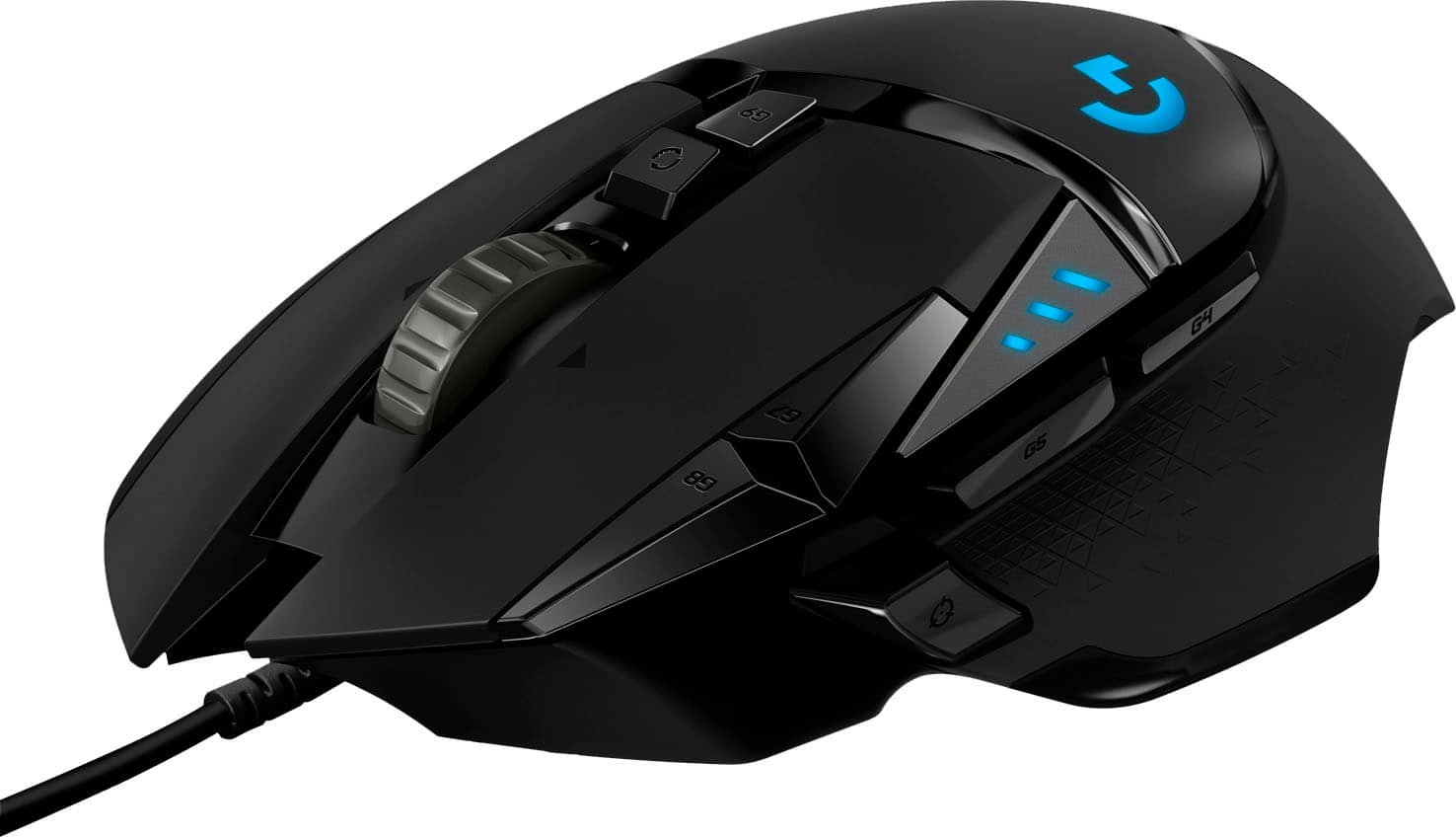 Logitech G502 HERO gaming mouse with RGB lighting on a desk